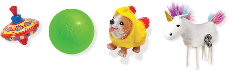 Schylling Toys Group - Tin Top, Nee Doh Ball, Party Puppies Corgi in Chicken Costume, Wind-Up Unicorn