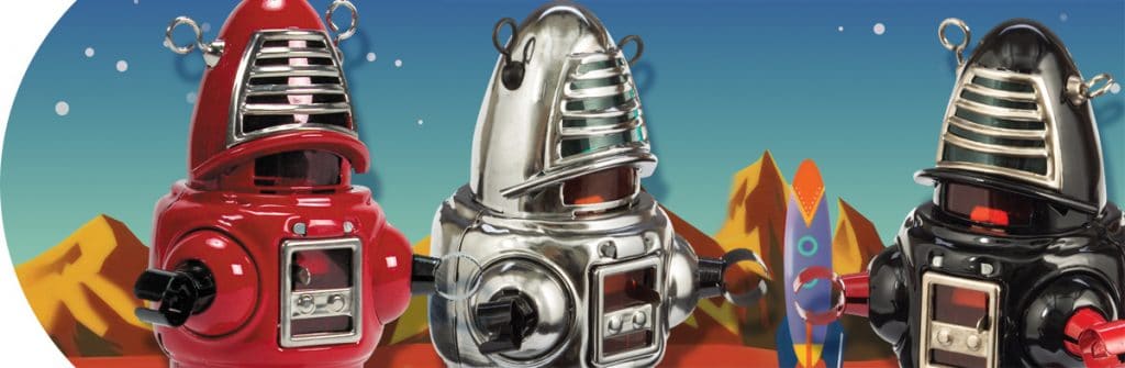 Tin Treasures - Planet Robot on retro space illustration background