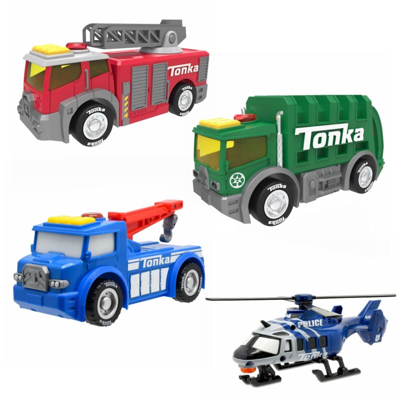 Tonka Mighty Force toy plastic trucks and helicopter