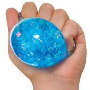 Hand squeezing blue Crystal Squeeze Nee Doh ball
