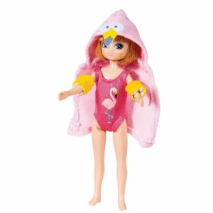 Pool Party – Lottie: Doll wearing Flamingo hooded towel and flamingo bathing suit