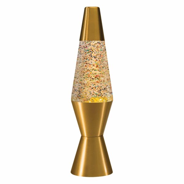 11.5” LAVA® Lamp – rainbow glitter, clear liquid, gold base and cap