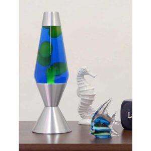 16.3” LAVA® Lamp – Yellow/Blue/Silver on a table with ocean themed knick knacks