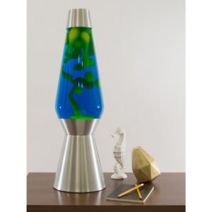 27” LAVA® Lamp Grande – Yellow/Blue/Silver on a table towering over knick knacks