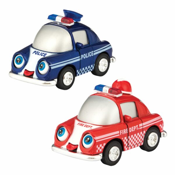 Diecast Sonic Funny Vehicles - Blue Police Car and Red Fire Department Car