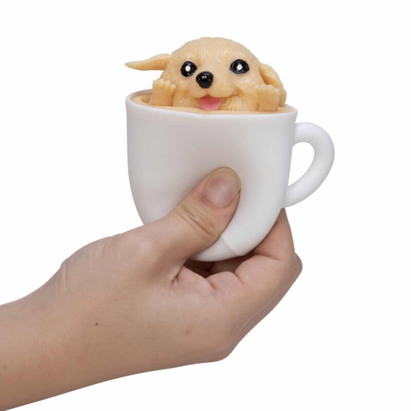 Pup in a Cup, squeezy Popper toy in hand with yellow lab popping out