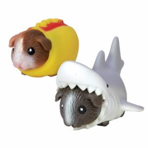 2 squishy Guinea pig toys, one in a hotdog costume one in shark costume