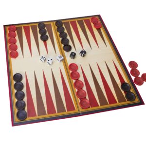 Backgammon board with game pieces and dice