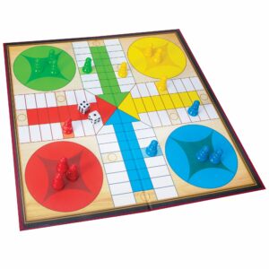 Pachisi game board with pieces and dice