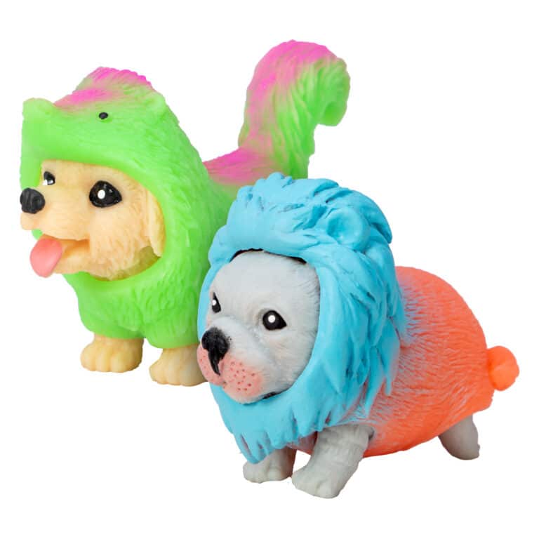 Party Animals Rave Puppies - Golden Retriever in a neon skunk costume and a French Bulldog in a neon lion costume