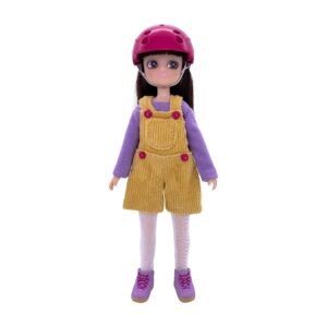 Scooter Girl Lottie - Doll standing with black hair, pink helmet, overalls, purple boots and long sleeve
