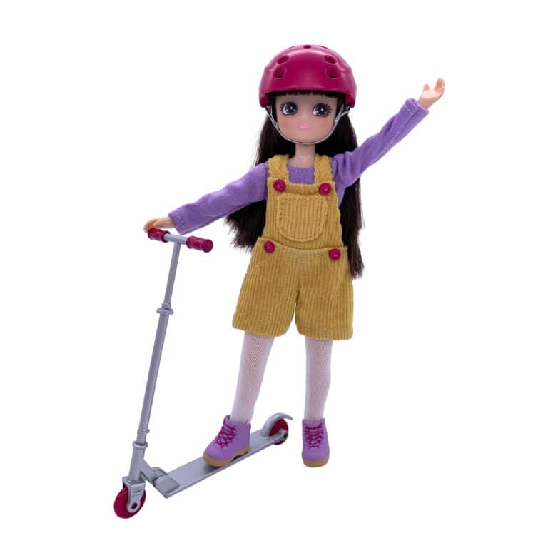 Scooter Girl Lottie - Doll with black hair, helmet, scooter, overalls, purple boots and long sleeve