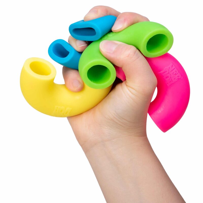 Mac N' Squeeze: Colorful stretchy noodles for fidgeting fun.
