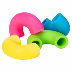 NeeDoh Mac 'n Squeeze - All four noodles randomly set on table: Pink, Yellow, Green, and Blue