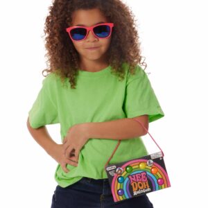 Girl wearing neon sunglasses with NeeDoh Rainboh package hanging off her arm