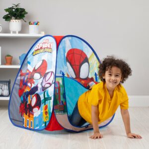 Playhut Spidey and his Amazing Friends Classic Hideaway Lifestyle Shot of boy climbing out of tent