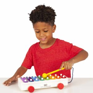 Lifestyle shot of boy playing with the Fisher-Price Pull-A-Tune Xylophone