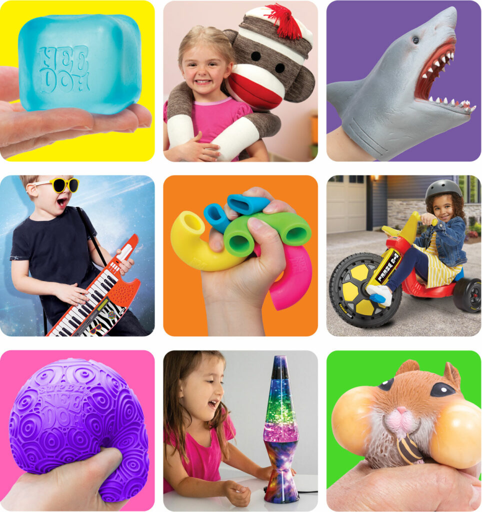 Schylling Toys - NeeDoh Nice Cube - Sock Monkey - Shark Hand Puppet - Powerstar Keytar - NeeDoh Mac n Squeeze - Big Wheel - NeeDoh Ripples - Chonky Cheeks Hamsters