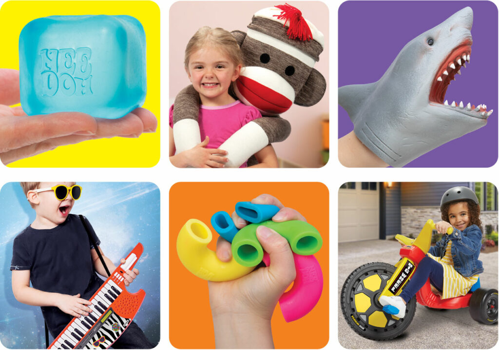 Schylling Toys - NeeDoh Nice Cube - Sock Monkey - Shark Hand Puppet - Powerstar Keytar - NeeDoh Mac n Squeeze - Big Wheel