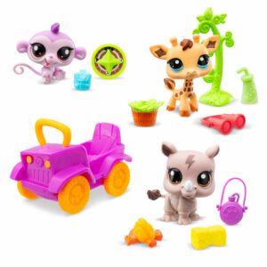 Littlest Pet Shop - Safari Play Pack - Group shot of Monkey, Giraffe, Rhino, and accessories