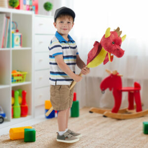 Flaming Dragon Lifestyle Shot with Boy riding the stick horse dragon in a playroom