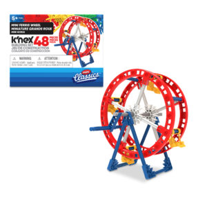 A construction toy set consisting of a mini Ferris wheel. The packaging highlights "K'Nex Classics" with 48 pieces to build the model. The assembled Ferris wheel is red with blue supports and white and yellow accents. Suitable for ages 5 and up.