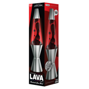 The packaging of a 14.5 inch classic Lava brand motion lamp by Schylling. The box features images of the Lava Lamp with silver reflective chrome base and cap, with red lava inside. The text on the box reads "Silver Reflective Chrome" and "The Original Lava Brand - Illuminate Your Mood."