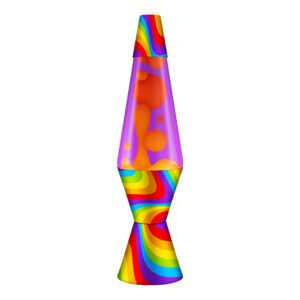 A colorful Lava Lamp with a base and cap covered in a vibrant rainbow swirl pattern. The lamp glass is filled with purple liquid and orange globs in various stages of forming and rising. The overall design is bright and psychedelic.