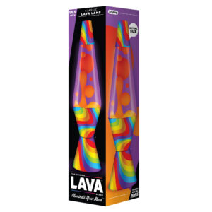 A colorful box containing a 14.5-inch classic Lava brand motion lamp. The lamp and its box are adorned with rainbow patterns. The lamp features red wax that flows through a yellow liquid inside a clear glass vessel, and the packaging displays the logo and branding.