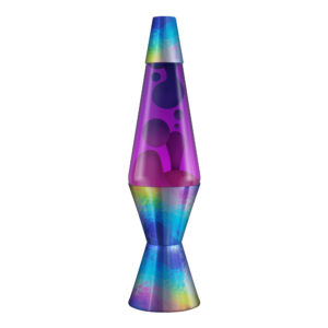 A vibrant Lava Lamp with a purple liquid background and colorful blobs slowly moving inside. The base and top of the lamp have a rainbow-hued, iridescent finish, adding to the retro and psychedelic aesthetic.