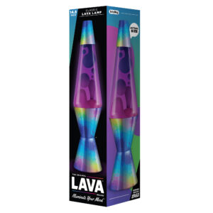 A boxed lava lamp labeled "The Original Lava Brand" and "Illuminate Your Mood". The lamp inside is 14.5 inches tall with purple liquid and blobs. The box shows images of the lamp, featuring a colorful rainbow base and top.