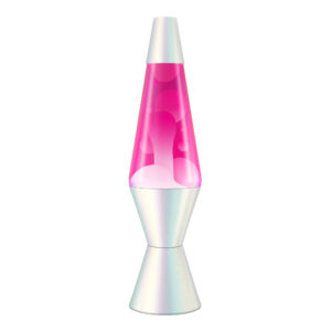 A Lava Lamp with a painted opalescent pearl base and cap, featuring pink liquid inside. The white globs are floating and forming various shapes within the transparent glass container.