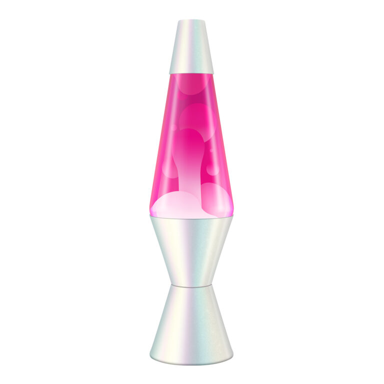 A Lava Lamp with a painted opalescent pearl base and cap, featuring pink liquid inside. The white globs are floating and forming various shapes within the transparent glass container.