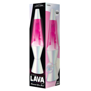 A box displaying a classic 14.5-inch Lava Lamp, featuring a opalescent pearl base and cap with pink liquid and white wax. Text on the box highlights its glossy iridescent pearl surface and actual size.