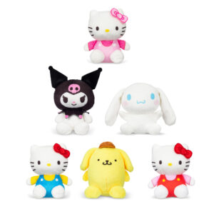 A group of six plush toys featuring Sanrio characters. From left to right, top to bottom: Hello Kitty with a pink bow, Kuromi with a black jester hat, Cinnamoroll with floppy ears, Hello Kitty with a red bow and blue overalls, Pompompurin with a brown hat, and another Hello Kitty with a red bow and pink overalls.