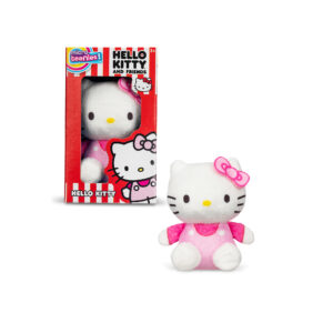 A Hello Kitty plush toy is displayed next to its packaging box. The plush is white with a pink bow and outfit. The box has a red and black striped design and features the text "Micro Teenies Hello Kitty and Friends".