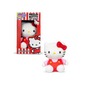 A plush toy of Hello Kitty wearing a red dress with yellow buttons, pink sleeves, and a red bow on her left ear. The toy is shown inside its red packaging is red with white stripes and has "Micro Teenies Hello Kitty and Friends" branding.