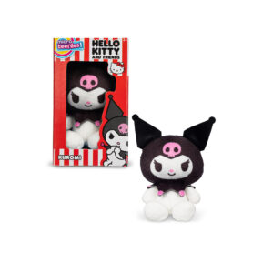 A small plush toy character from "Hello Kitty and Friends" is displayed. The character, named Kuromi, has a black hood with a pink skull and stands in front of its packaging box, which is red and features cartoon images and text.