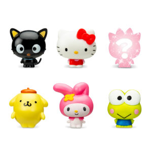 Six cute figurines are arranged in two rows of three. The top row has Chococat (black cat), Hello Kitty (white cat with red bow), and an unknown mystery figure in silouette. The bottom row has Pompompurin (yellow dog), My Melody (pink bunny), and Keroppi (green frog).