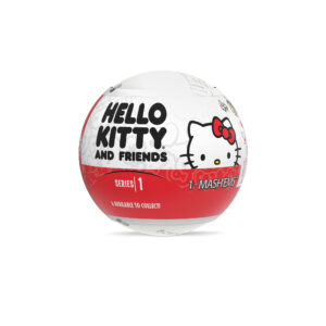 A round, sealed toy capsule featuring "Hello Kitty and Friends" branding. The design includes a cartoon image of Hello Kitty with a red bow. The packaging indicates this is "Series 1" and mentions "1 Mashems" inside, with "6 available to collect" written on it.