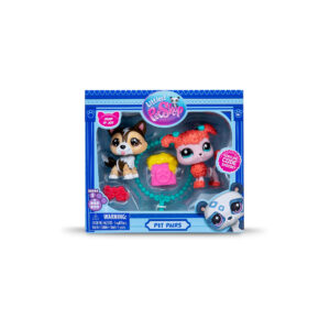 A Littlest Pet Shop "Pet Pairs" toy set in a blue box featuring a fluffy brown dog figure and a curly pink poodle dog figure. Accessories include a jumping ring, toy hearts, and popcorn. The packaging includes labels and a warning.