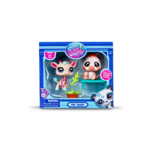 A Littlest Pet Shop "Pet Pairs" toy set in a blue box featuring a giraffe figure and a sloth figure. Accessories include a branch, plant, and shelf. The packaging includes labels and a warning.