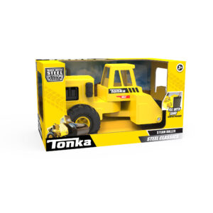 A Tonka Steel Classics Steam Roller toy in its packaging. The package is yellow and black, showcasing the toy through a clear plastic window. The text on the box reads "Tonka," "Steel Classics," and "Steam Roller" with a "3+" age recommendation.