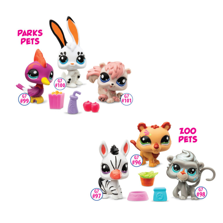 Two groups of Littlest Pet Shop toy figures against a white background. The 'Parks Pets' group on the top left includes a pink and yellow bird (#99) with a bucket of popcorn, a white rabbit (#100) with black and orange ears and a purple water bottle, and a pink and white squirrel (#101) with two apples. The 'Zoo Pets' group on the bottom right includes a white zebra (#97) with black stripes and a pink nose next to a bowl, an orange lion (#96) with a star on its face and a bucket of lettuce, and a gray monkey (#98) with blue eyes next to a jar with a paw print. Each pet has its identification number labeled in a blue circle.