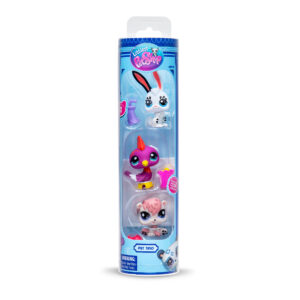 Packaging of a Littlest Pet Shop 'Pet Trio' set, featuring three toy figures in a vertical clear tube. At the top is a white rabbit with black and orange ears, accompanied by a purple watering can. In the middle is a pink bird with a yellow beak and purple crest, next to a pink popcorn container. At the bottom is a white squirrel with pink hair, lying next to two red apples. The packaging is blue with the Littlest Pet Shop logo at the top and age recommendation of 4+.