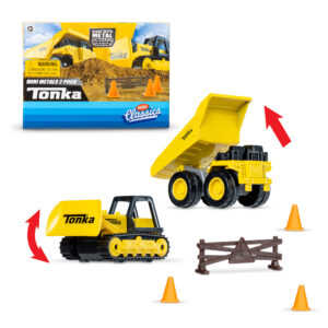 A toy construction set by Tonka. The set includes a mini dump truck and a bulldozer, both in yellow and black. Also included are traffic cones, a barricade, and the boxed package in the background. Red arrows show some of the vehicle's movable parts.