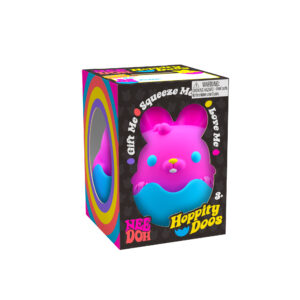 NeeDoh Hoppity Doos in the package. The package features a cute, pink bunny with a yellow nose and blue shell covering the lower body inside a colorful box.