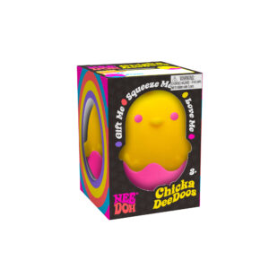 A yellow chick-shaped sensory toy called "Chicka DeeDoos" by NeeDoh, packaged in a black box with colorful accents. The chick has pink cheeks and beak, and the text on the box reads, "Gift Me, Squeeze Me, Love Me". The toy is for ages 3 and up.