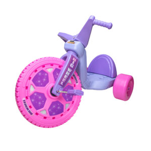 A children's tricycle with a large front wheel and two wide rear wheels are depicted. It is colored in shades of purple and pink and features a starry design on the front wheel. The handlebar has textured grips for better control.