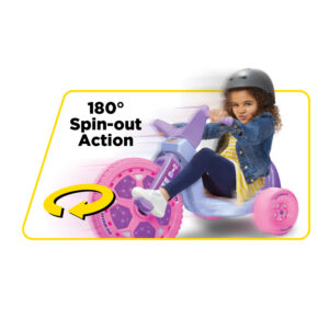 A child wearing a helmet and denim jacket rides a tricycle with pink and purple wheels, demonstrating a 180° spin-out action. The background features a yellow border with an arrow indicating the spin movement.